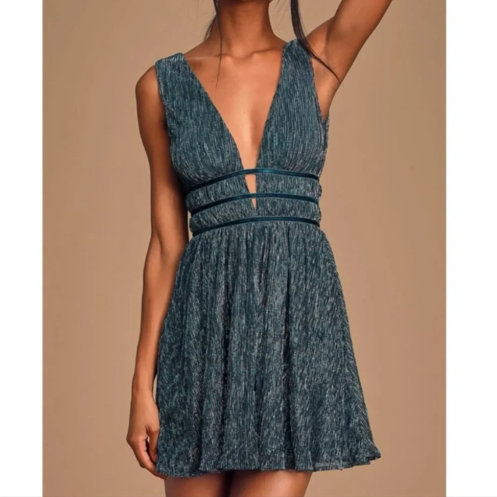 Lulus Smokeshow Teal Metallic Sleeveless Mini Dress MEDIUM